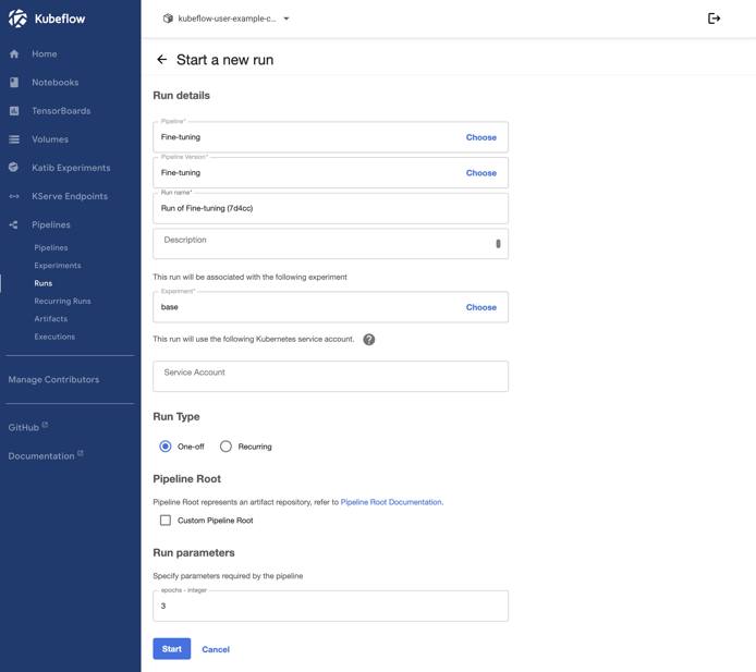 Screenshot of the “Start a new run” page within Kubeflow