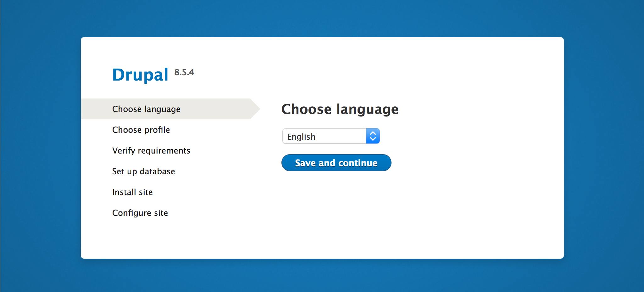 Drupal setup screen in the web browser - ‘Choose language’ page