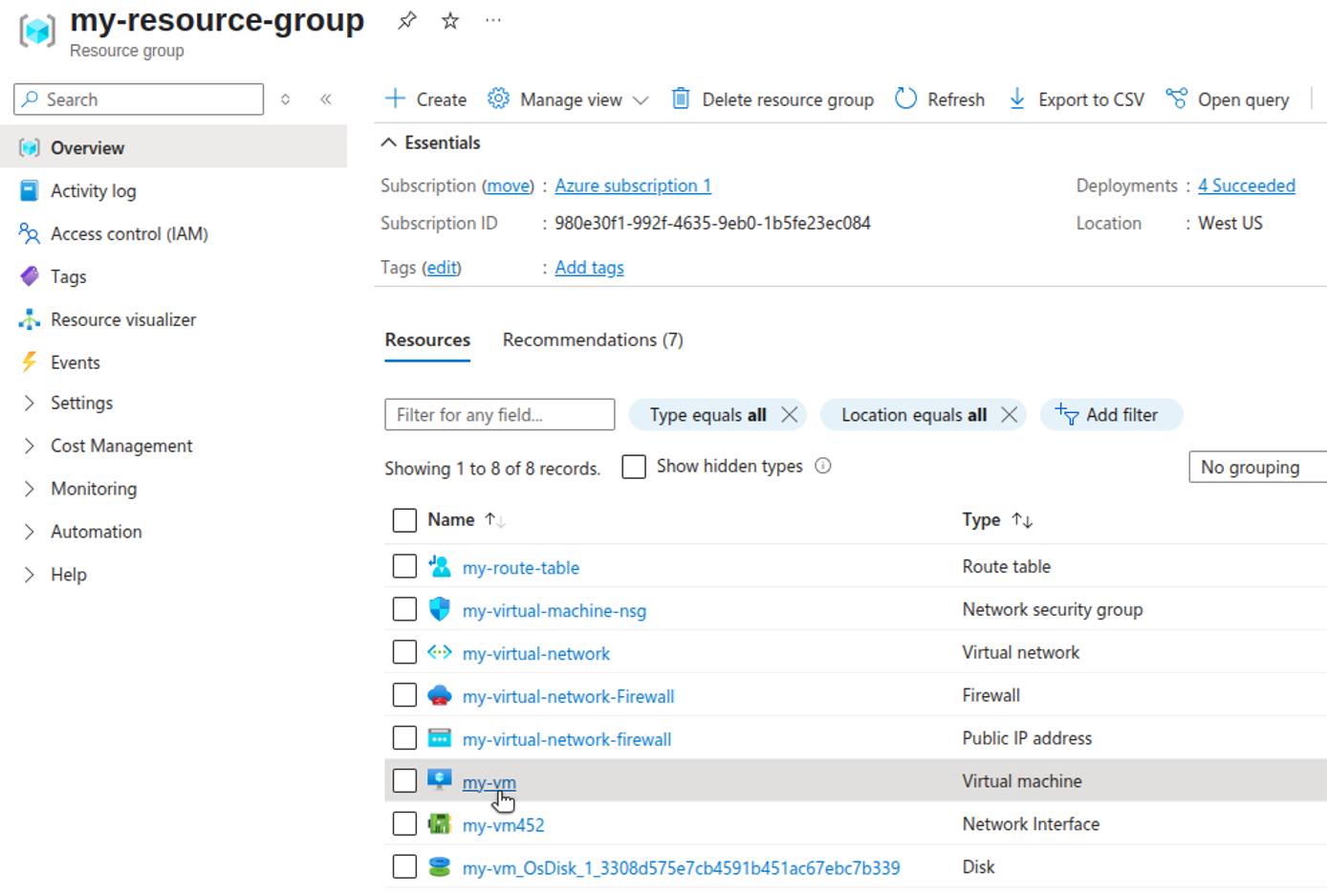Azure Portal VM network settings page.