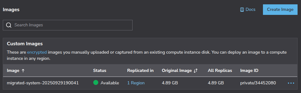 The completed custom image from the migrated VM is listed in the Akamai Cloud Manager Images screen.