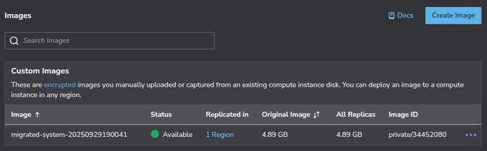 The completed custom image from the migrated VM is listed in the Akamai Cloud Manager Images screen.