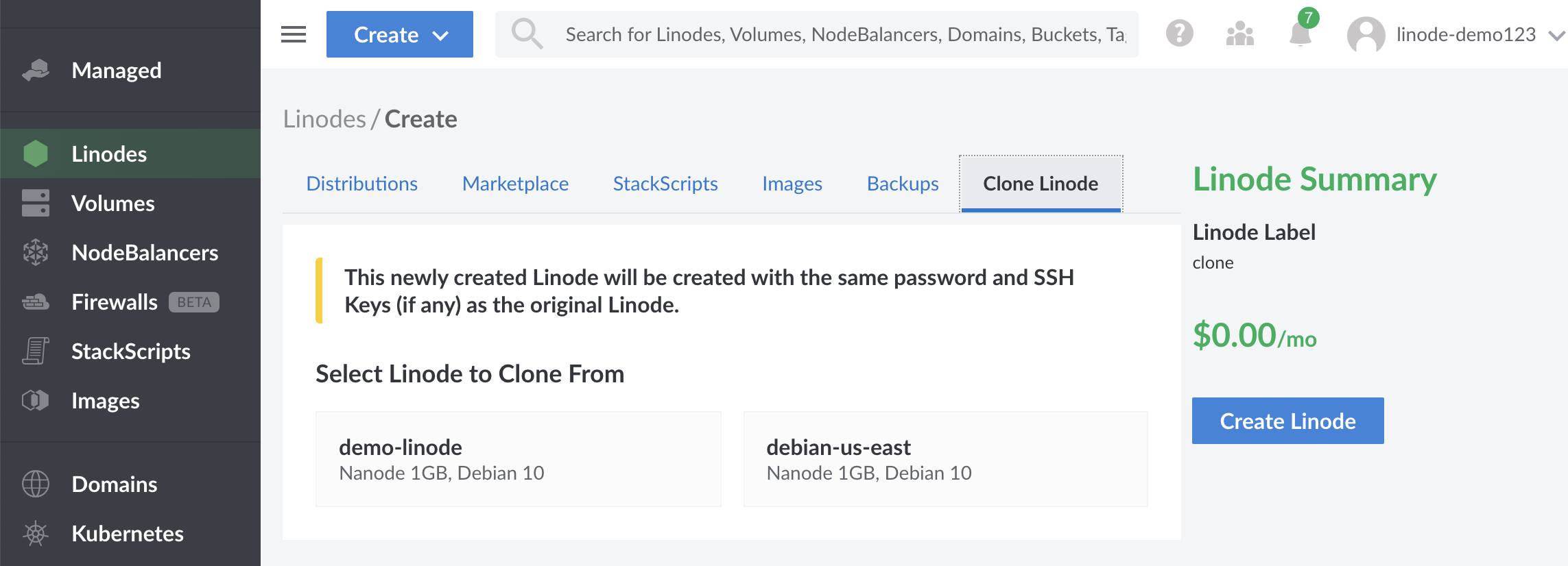 Select the ‘Clone Linode’ tab to clone an existing Linode.