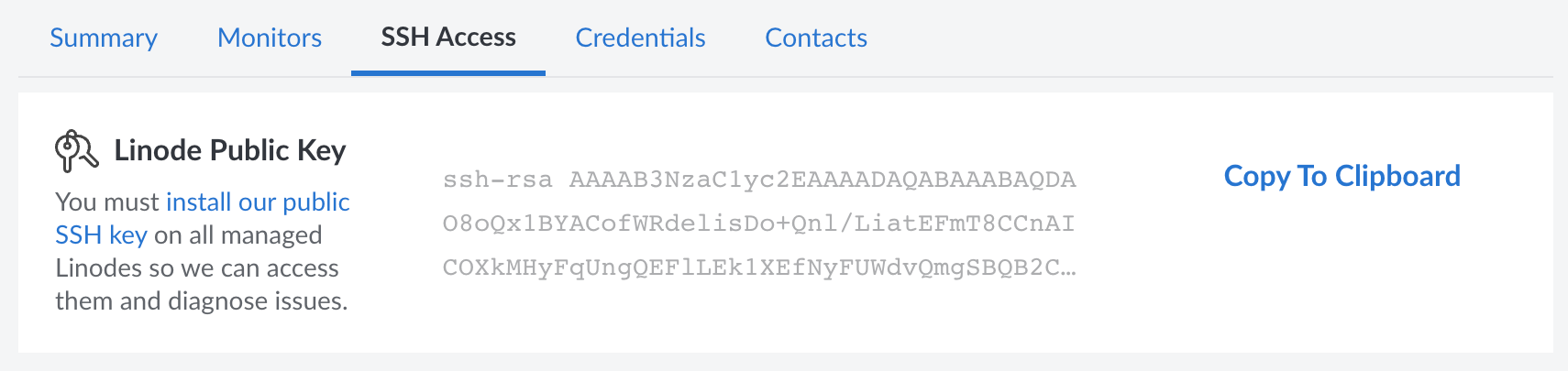 A screenshot of an account’s public key in Cloud Manager