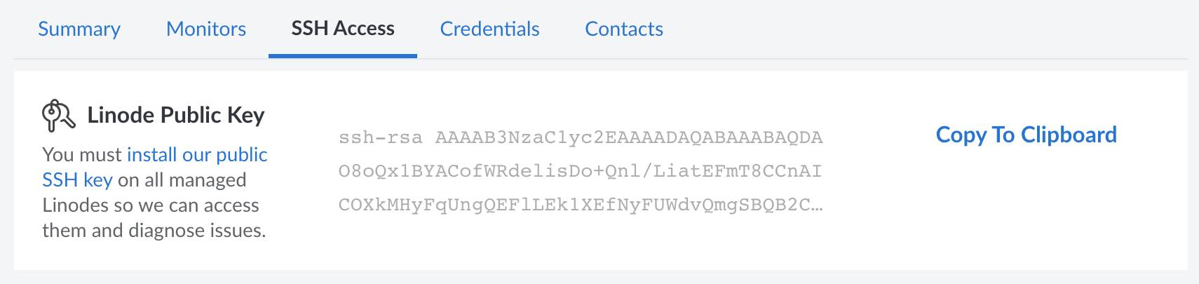A screenshot of an account’s public key in Cloud Manager